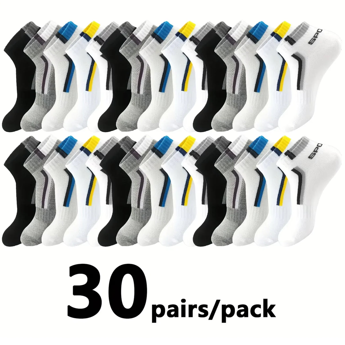 A pack of 30 pairs of men's color-block mesh ankle socks in various gray, white, and black patterns.