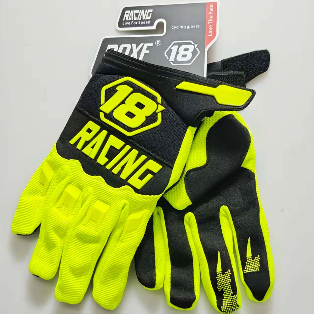 A pair of neon yellow and black racing cycling gloves with an 18 logo on the palm.