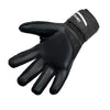 Black latex goalkeeper gloves with a wrist strap shown from the palm side.