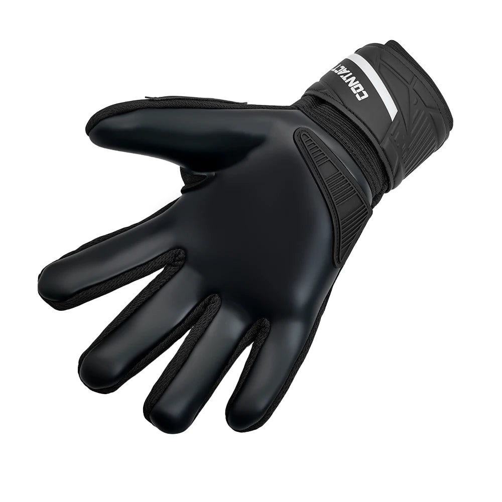 Black latex goalkeeper gloves with a wrist strap shown from the palm side.