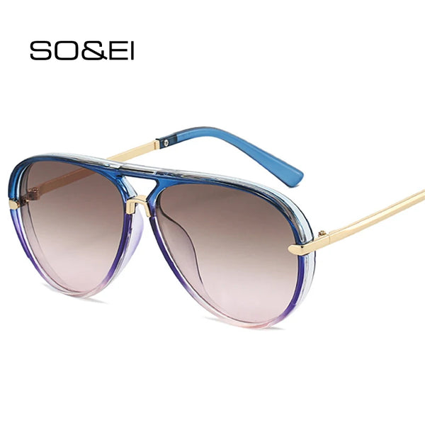 Retro pilot sunglasses with gradient lenses featuring blue frames and gold accents.
