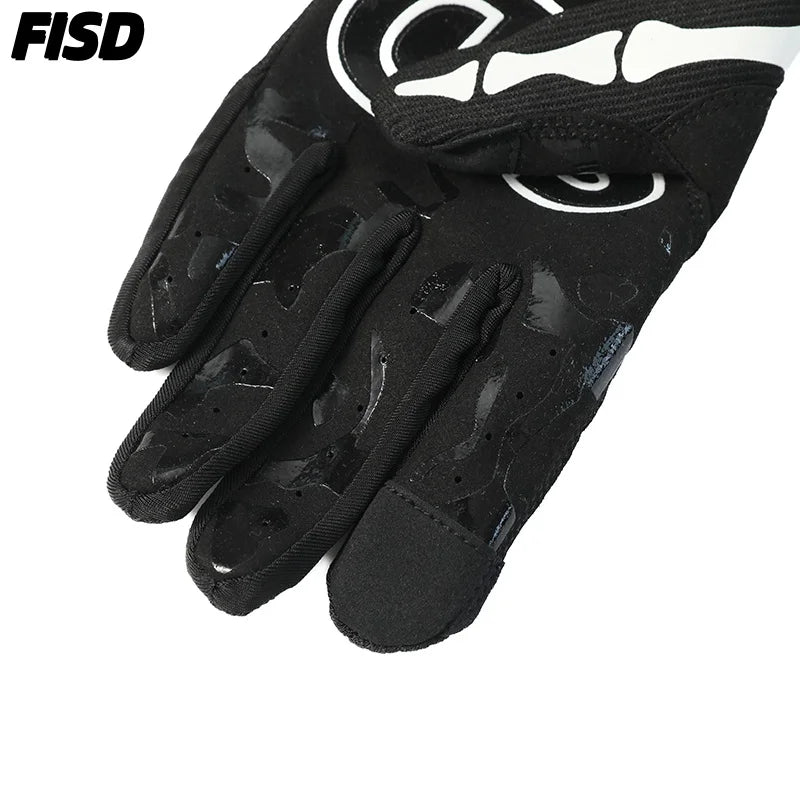 A black tactical grip glove with white accents shown from the palm side.