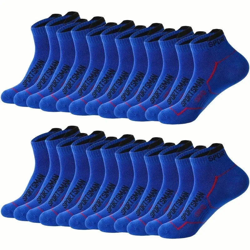 A pack of twelve blue athletic socks for men displayed in a row.