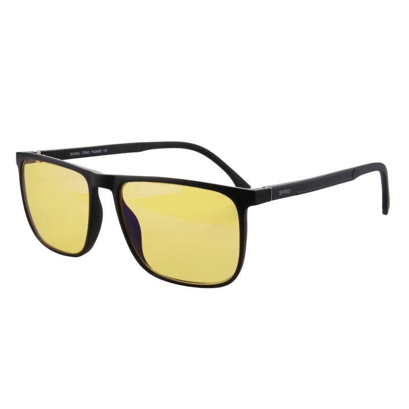 A pair of black sunglasses with yellow lenses and a black frame.