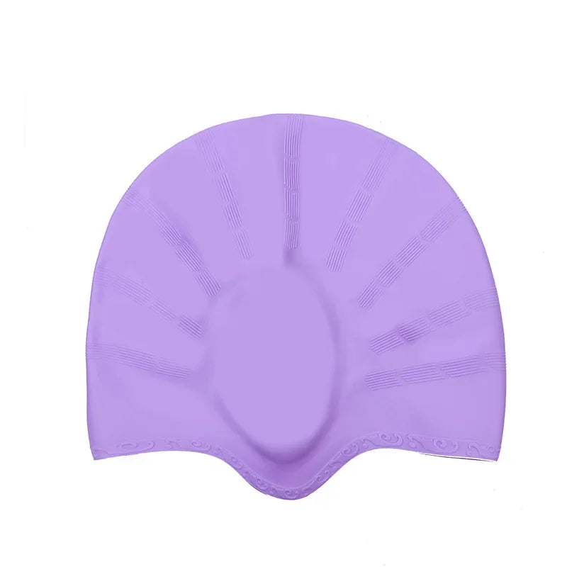 A purple waterproof silicone swimming cap with radiating lines.