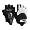 A pair of black and white breathable half finger cycling gloves shown against a white background.