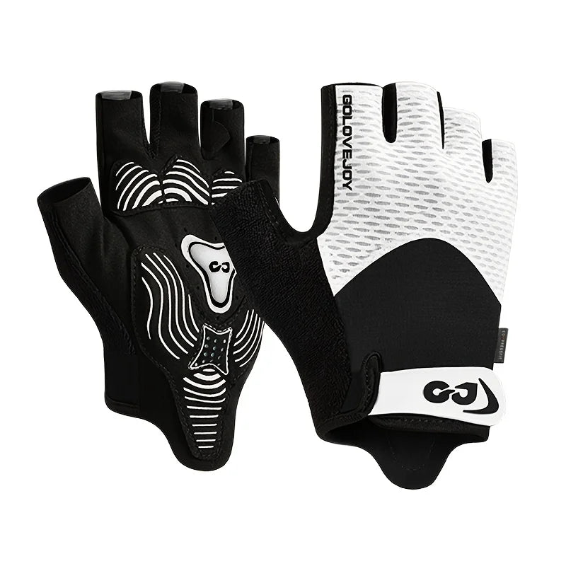 A pair of black and white breathable half finger cycling gloves shown against a white background.