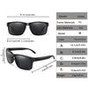 A set of black sunglasses with various frame and lens sizes and specifications listed.