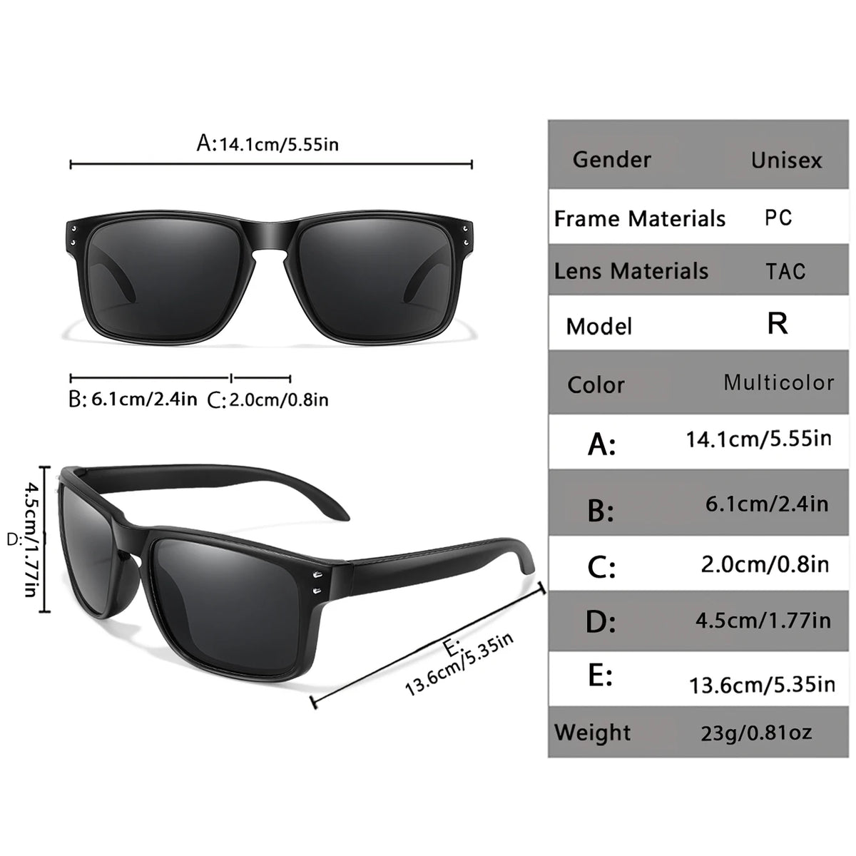 A set of black sunglasses with various frame and lens sizes and specifications listed.