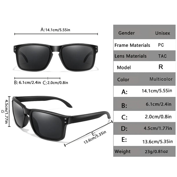 A set of black sunglasses with various frame and lens sizes and specifications listed.