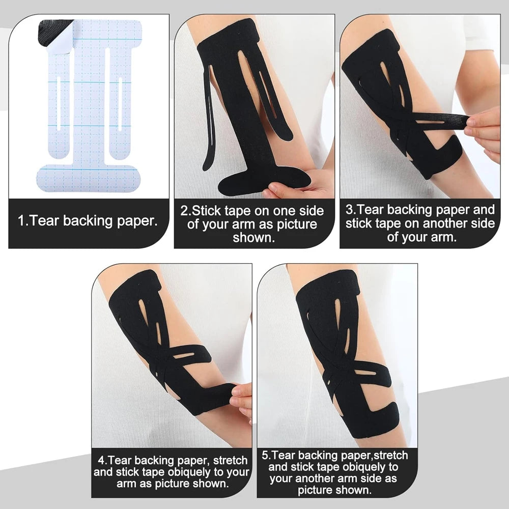 Instructions showing how to tear backing paper and stick tape onto an arm for kinesiology support.