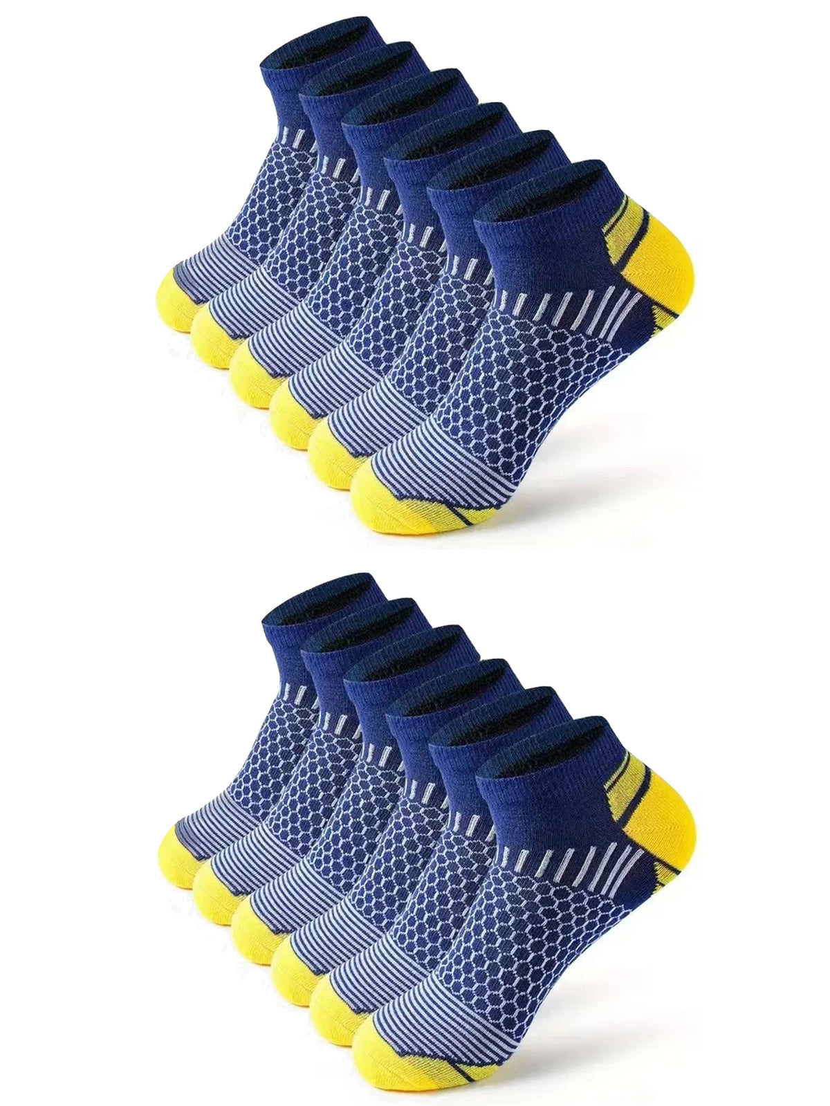 A stack of navy blue athletic knit ankle socks with yellow accents, viewed from above.