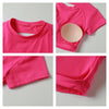 A pink women's fitness crop top yoga and gym t-shirt shown in various close-up angles.