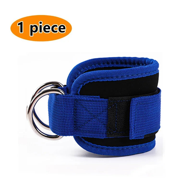 One piece of blue and black adjustable neoprene ankle straps for leg training.