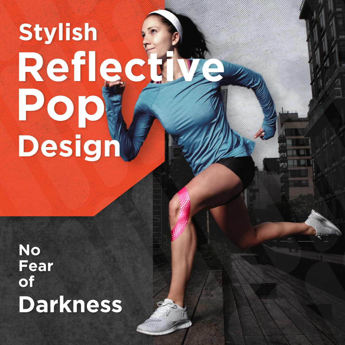 A woman wearing a blue long-sleeved shirt and black shorts is running outdoors, demonstrating stylish reflective pop design.