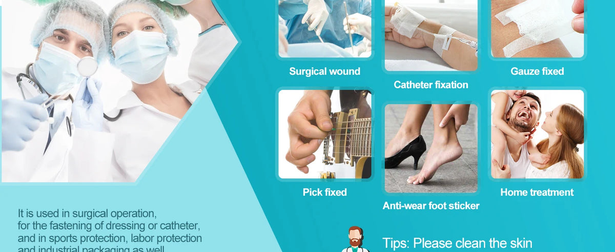 A collage showing various uses of medical tape including surgical wound fixation, catheter fitting, pick fixing, anti-wear fo