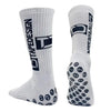 A pair of white and black striped mid-calf football socks