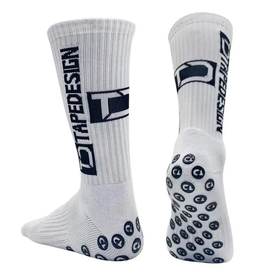 A pair of white and black striped mid-calf football socks