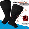 Black plus size open toe compression socks for women and men shown on a foot.