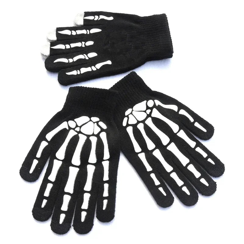 Black gloves with white skeletal print designed for fitness and cycling