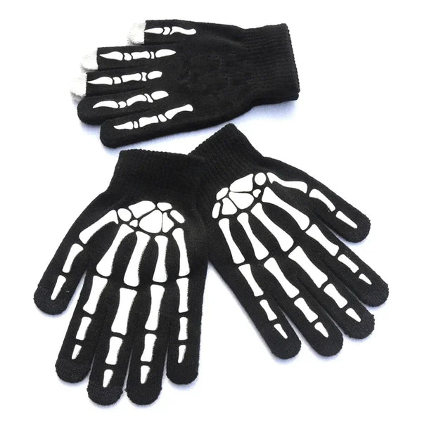 Black gloves with white skeletal print designed for fitness and cycling