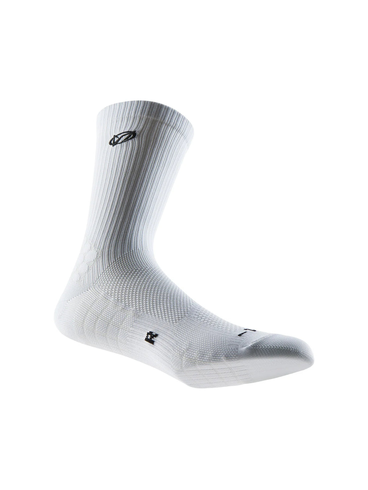 White athletic running socks with arch support shown from the side.