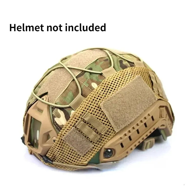 A tan tactical helmet cover is shown, without the helmet, for airsoft and paintball.