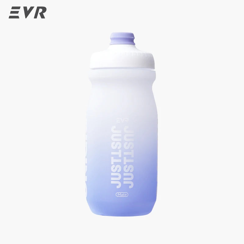 A white and light purple squeezable cycling water bottle with a screw cap.