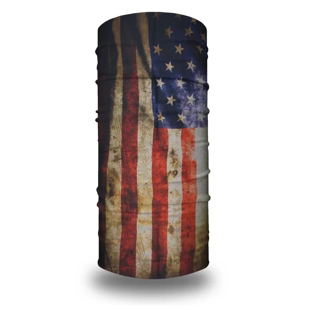 A vertical tube bandana or head wrap featuring a distressed American flag design.
