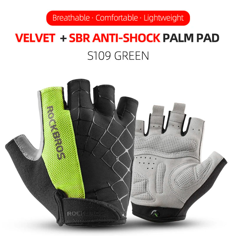 Black and lime green velvet palm pad cycling gloves for grip and shock absorption