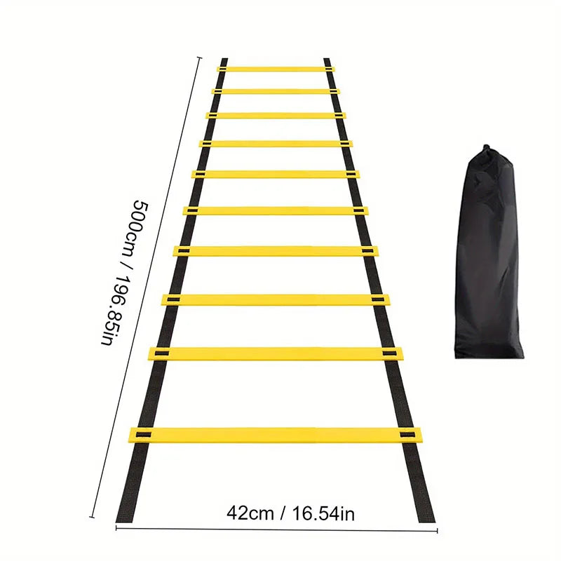 A black agility ladder with yellow rungs shown against a white background.