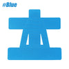 A blue precut kinesiology tape shaped like a cross for shoulder support.