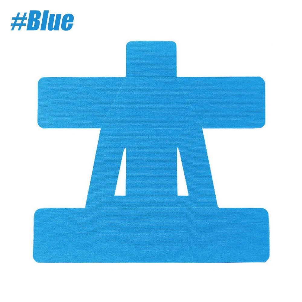 A blue precut kinesiology tape shaped like a cross for shoulder support.