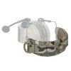 A tactical modular headset protection cover with a padded white dome and a camouflage fabric strap.