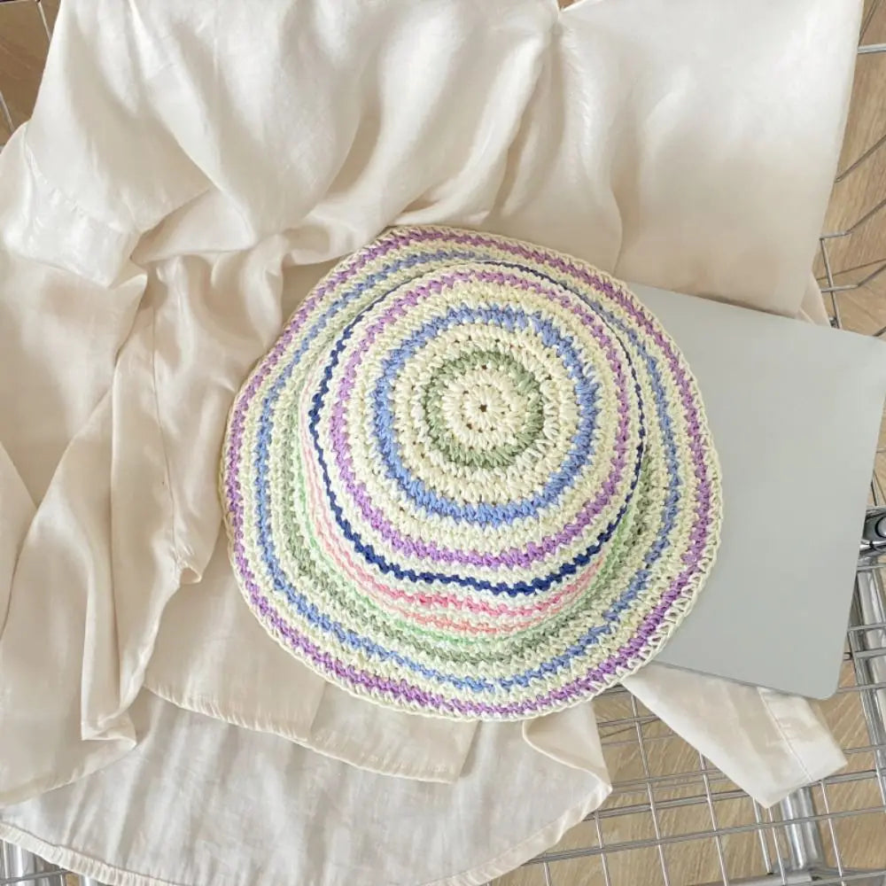 Handwoven Rainbow Stripe Straw Sun Hat with Wide Brim
