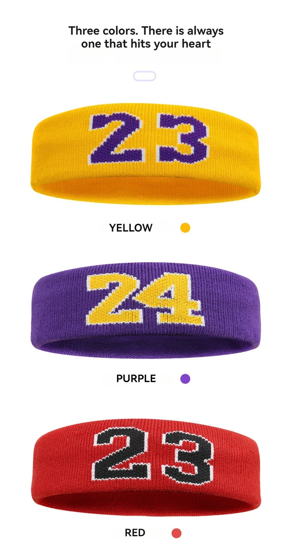 Trois bracelets de sport colorés : jaune, violet et rouge, chacun avec le numéro 23.