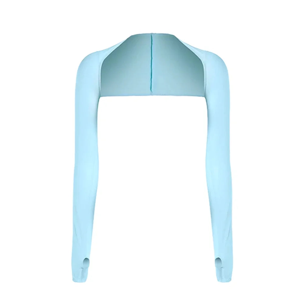 Light blue ice silk sun protection arm sleeves displayed flat