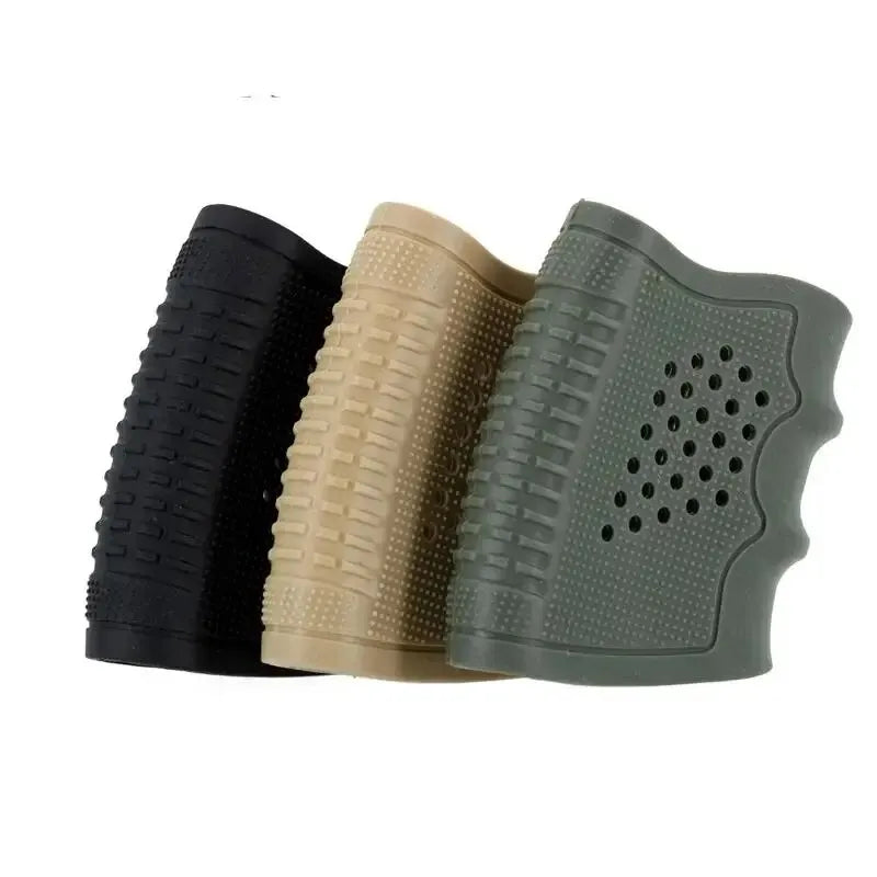 Drei rutschfeste Gummihandschuhmanschetten in schwarz, beige und grau.