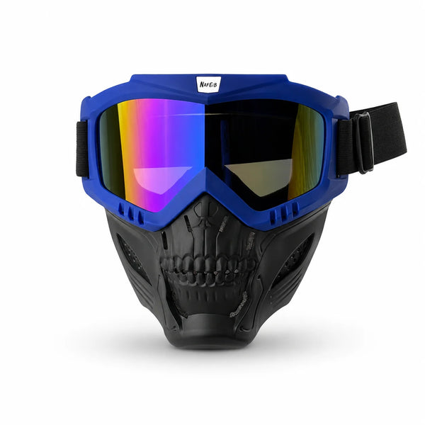 Blue dustproof full face motocross goggles with a black mask and strap