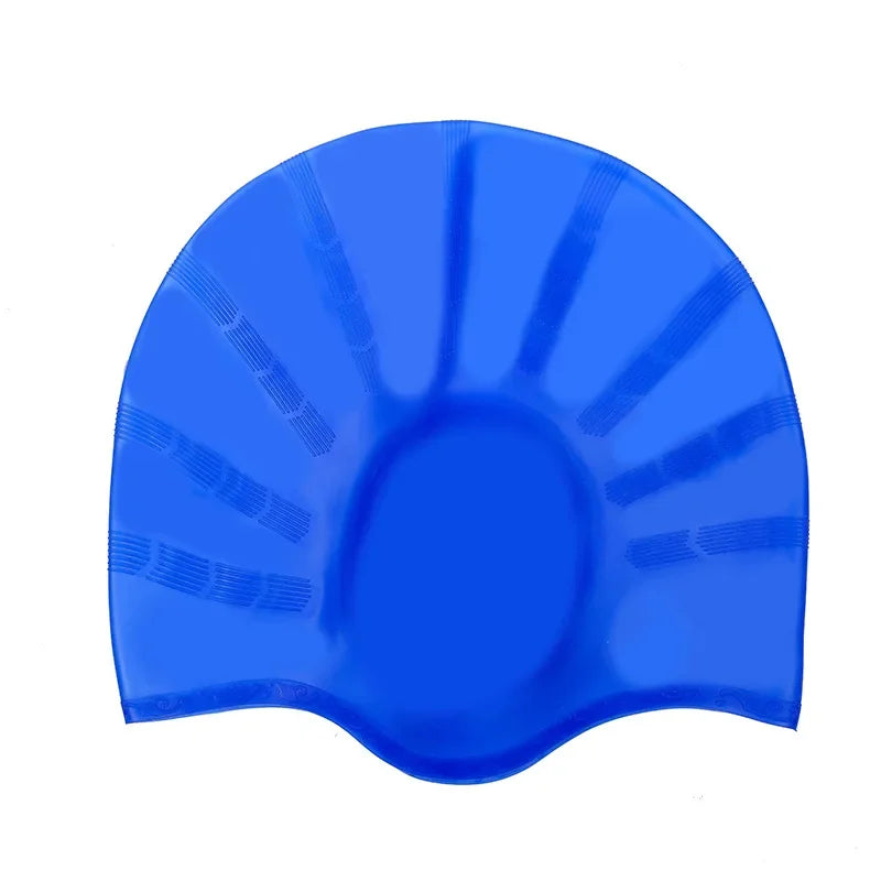 A bright blue waterproof silicone swimming cap designed for long hair.