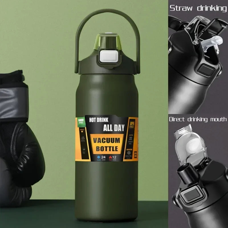A dark olive green insulated stainless steel water bottle with a black lid and straw drinking mechanism.