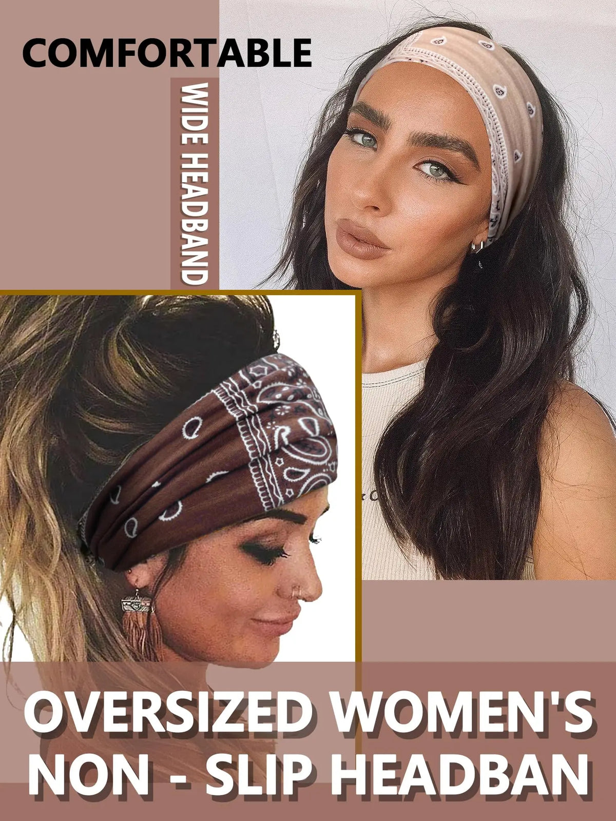 A woman models an oversized women's non-slip headband with a boho print design.
