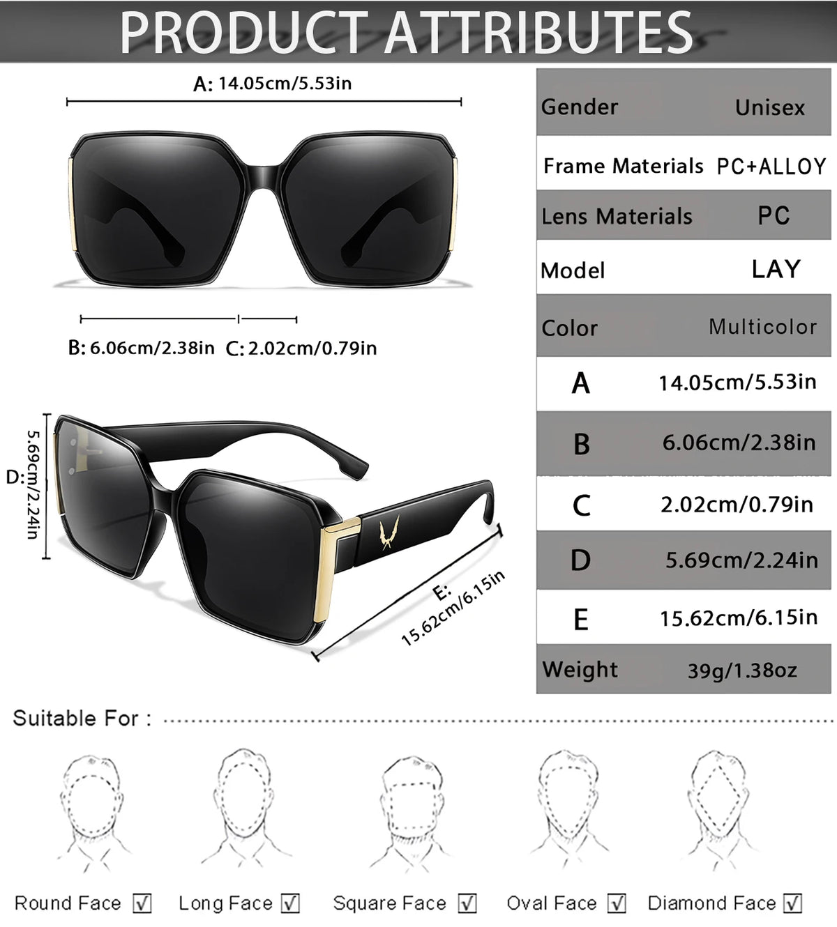 A set of black and gold frame sunglasses shown from the front and side, suitable for various face shapes.
