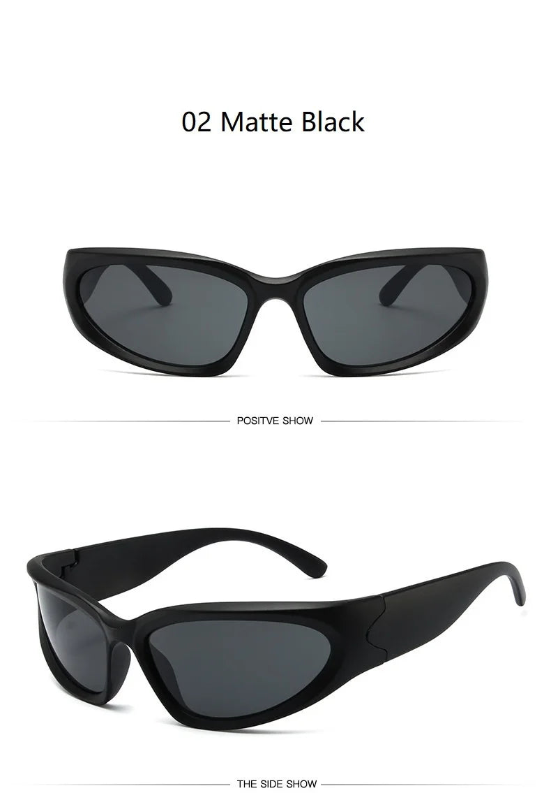 Matte black Y2K retro sports sunglasses shown from the front and side.