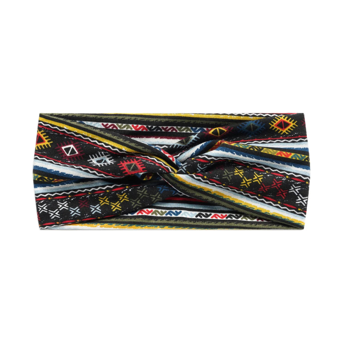 A close-up of a bohemian vintage print headband featuring geometric patterns in black, white, and multicolored stripes.