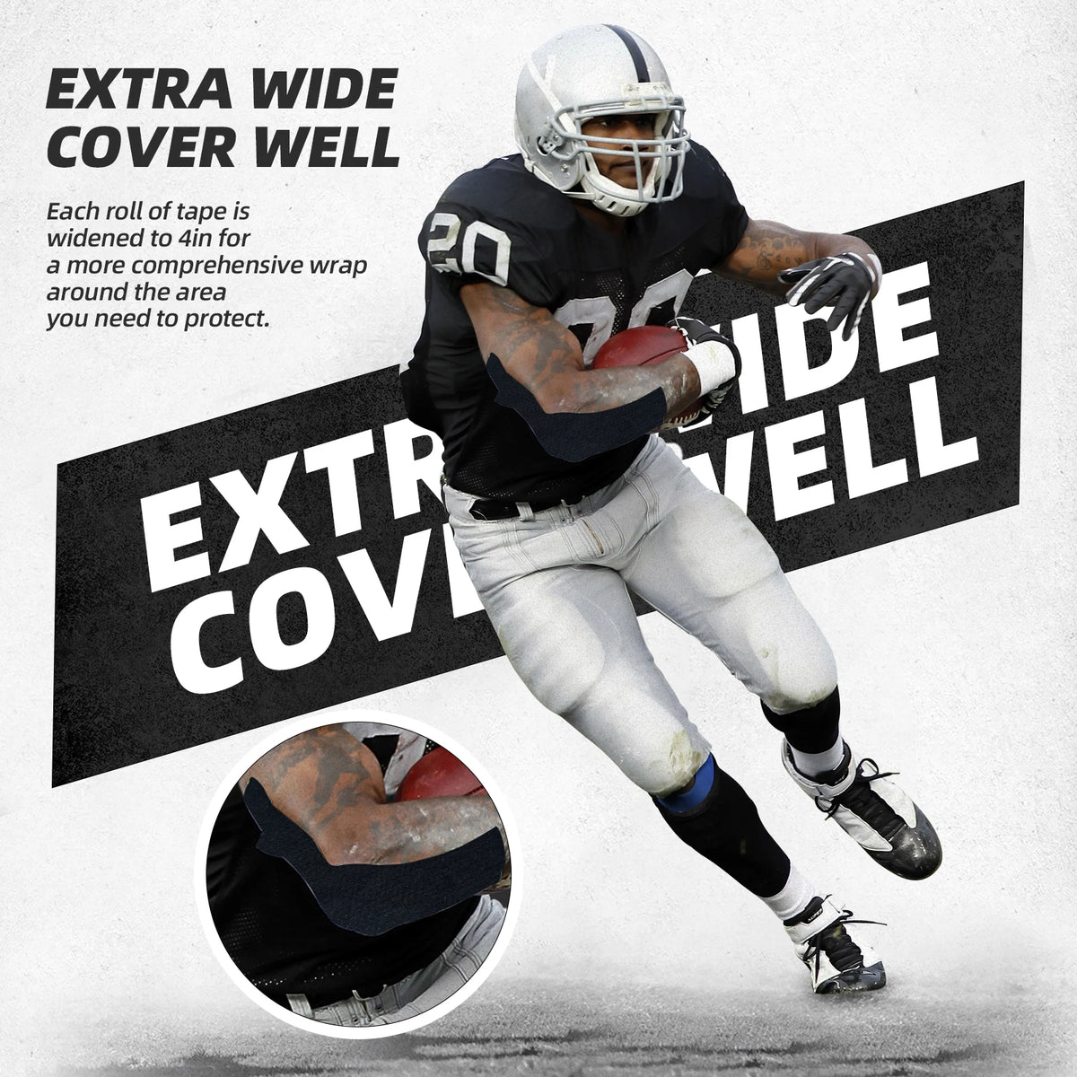 A football player wearing a helmet and uniform is shown in an action pose, demonstrating the extra wide cover well tape.