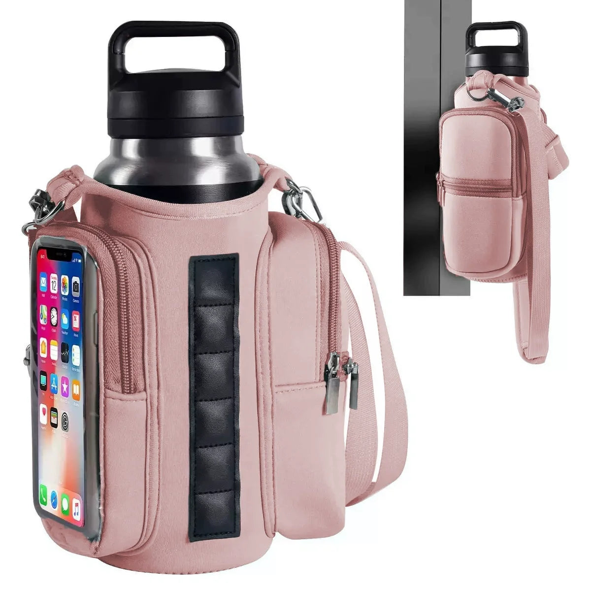 A pink magnetic accessory holder designed to secure a water bottle and a smartphone.