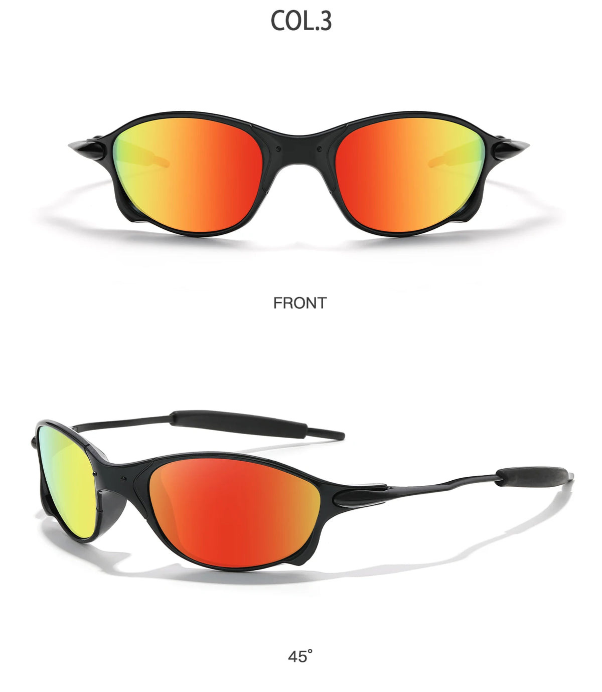 Orange-tinted sunglasses shown from the front and a side angle, with a 45 degree tilt.