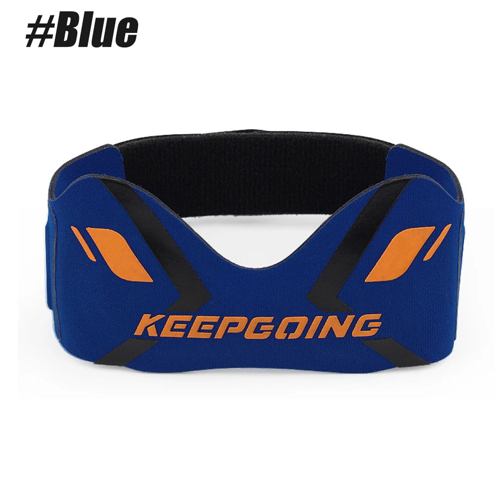 Blue adjustable patellar tendon support knee strap with black and orange accents