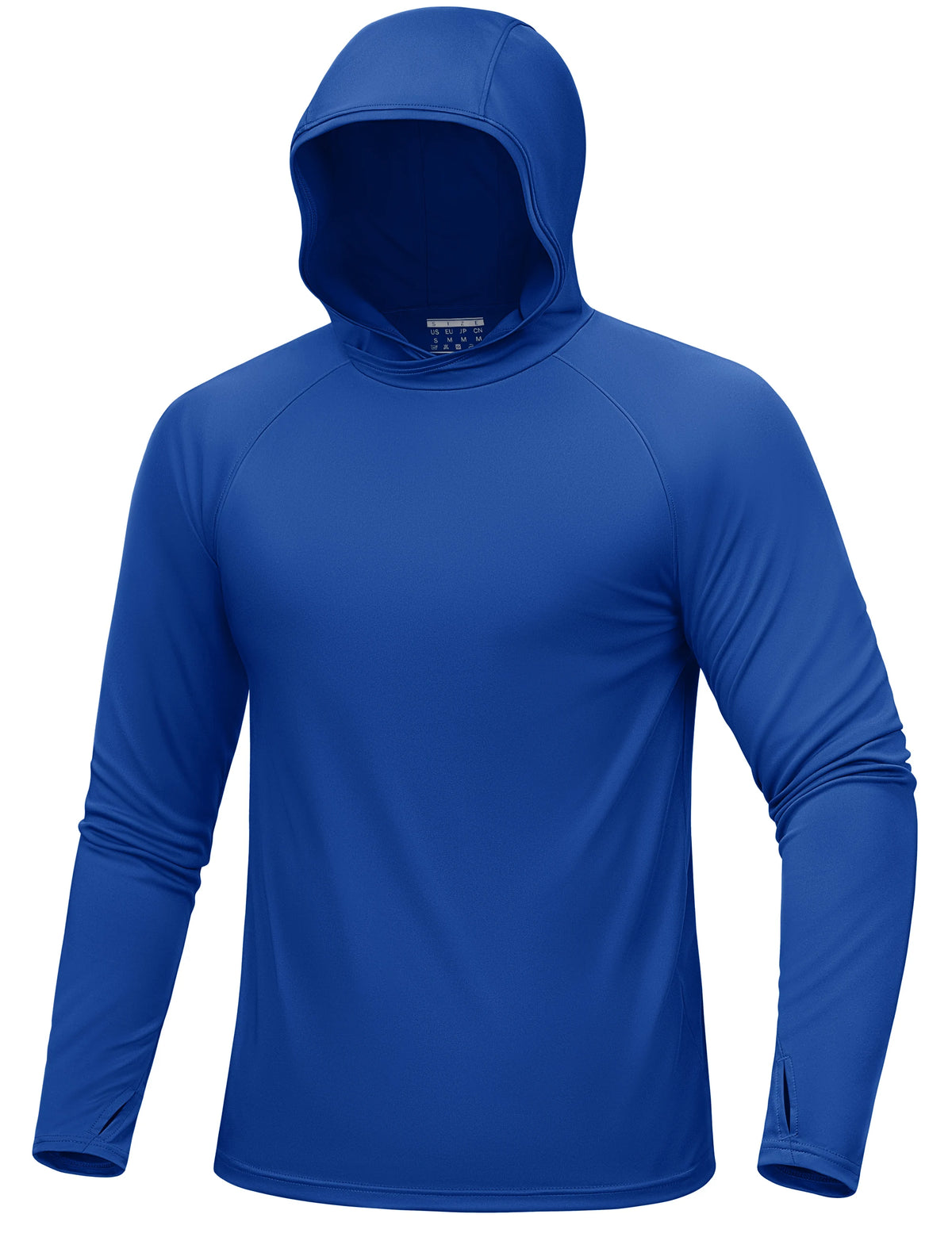Ein königsblaues Langarmshirt mit Kapuze und Kragen, von vorne gezeigt.
